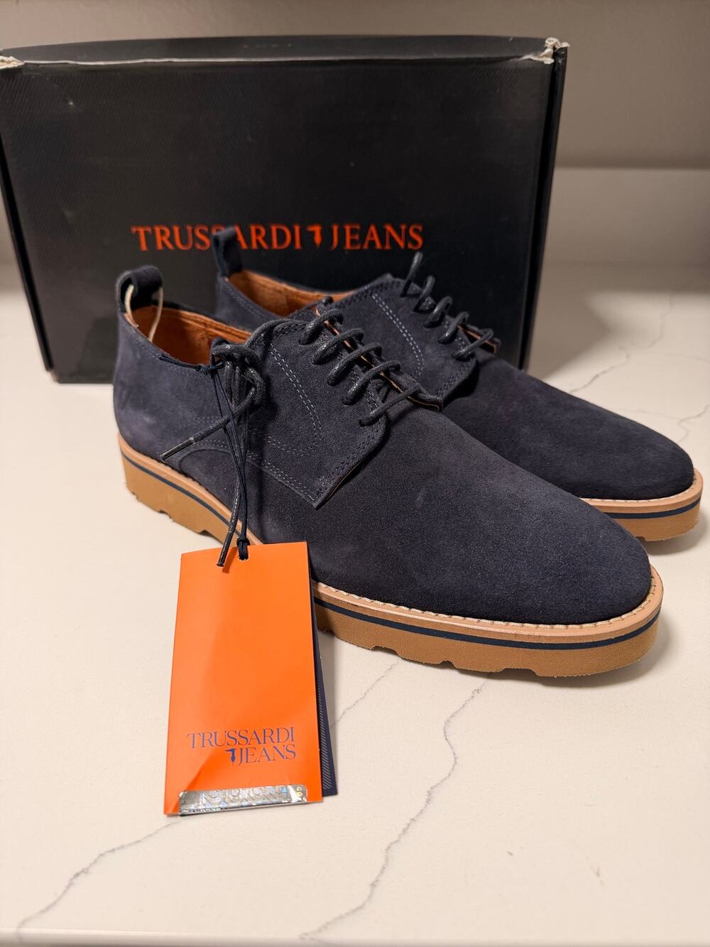 Trussardi Jeans Men’s Suede Derby Shoes Navy Blue EU 40 US 7 NIB